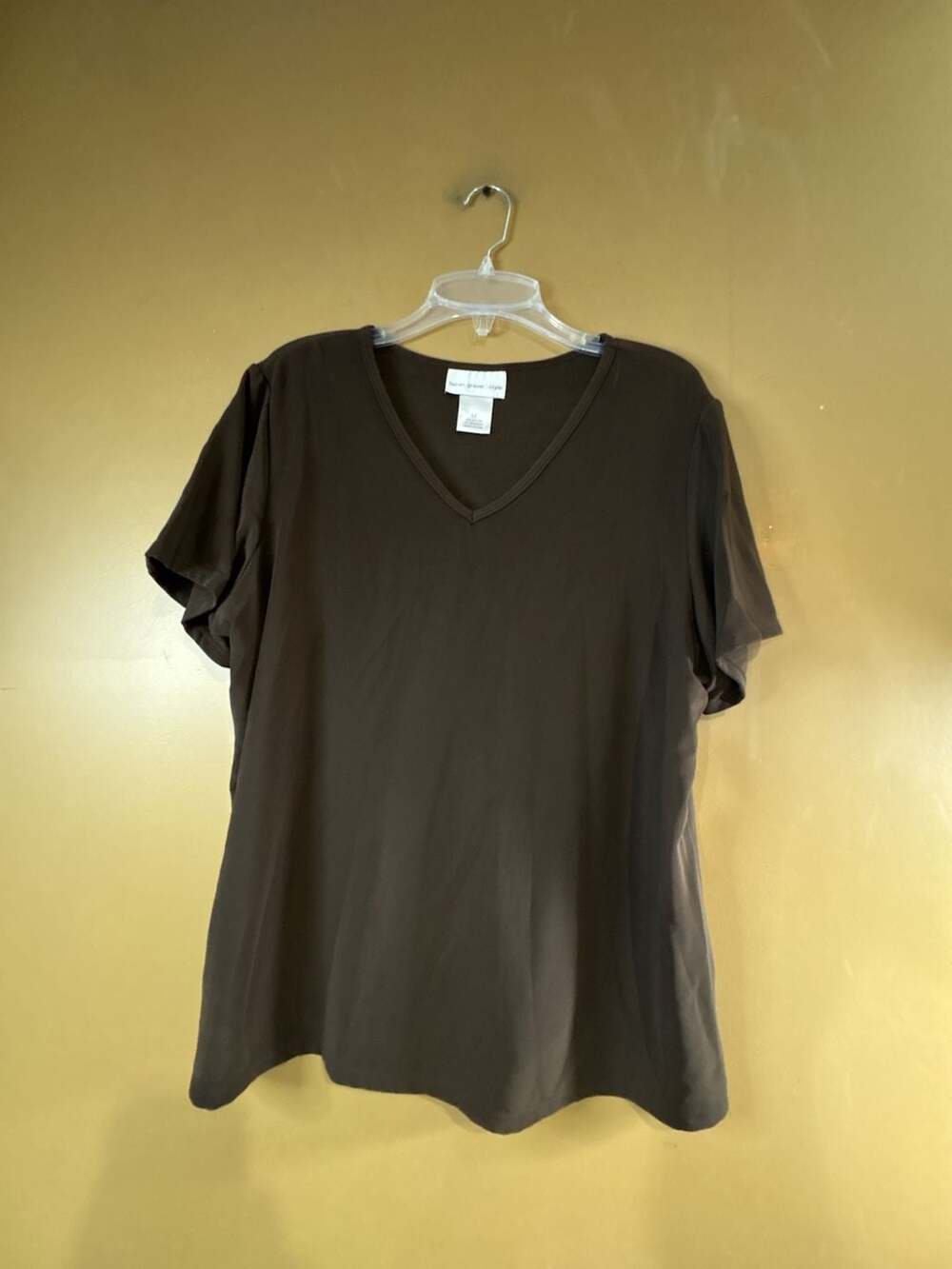 HC1101 Susan Graver Style Brown V-Neck Short Sleeve Top Plus Size 1X
